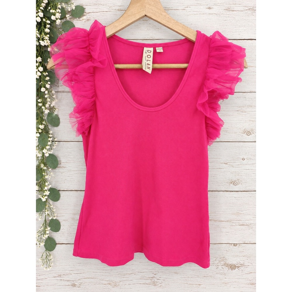 Dolan Left Coast Collection Top Womens XS Pink Ruffle Sleeve Ribbed Scoop Neck